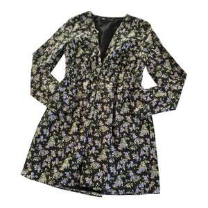 ZARA Black/Purple Floral Print V-Neck Long Sleeve Mini Dress Women’s Small NWT
